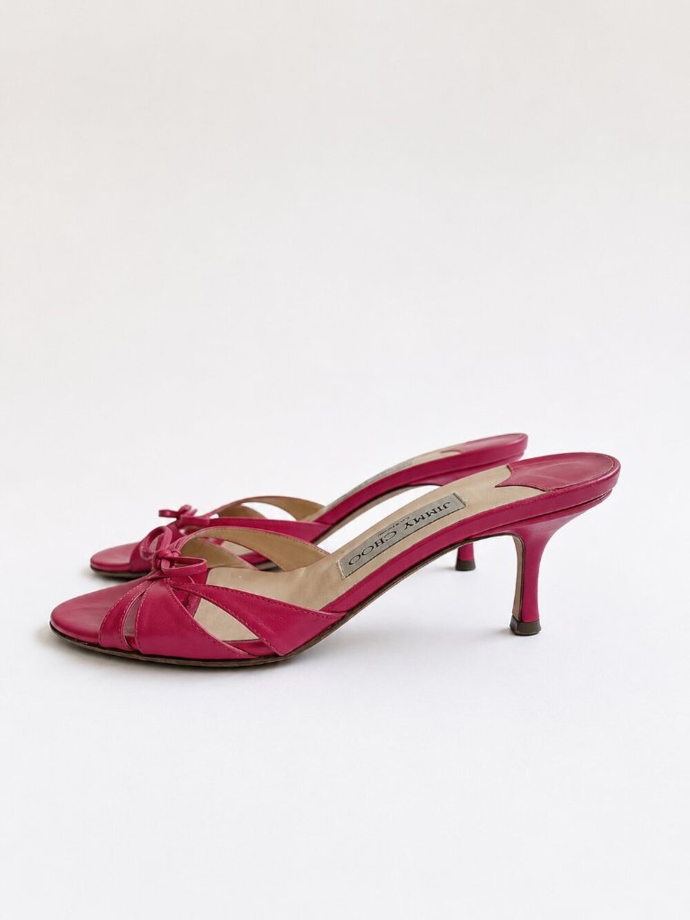 Vintage 2000s Jimmy Choo open toe sandal kitten heel Raspberry Pink Leather Bow - Picture 5 of 8